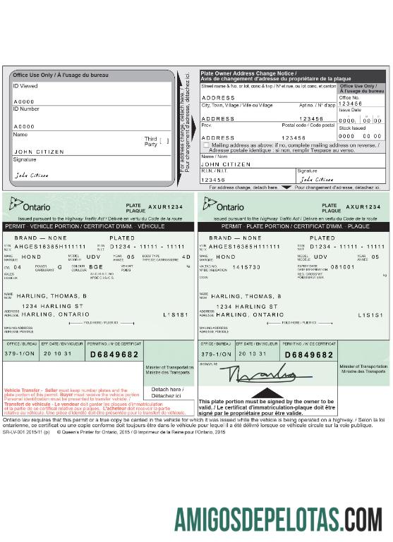 Canada Ontario Car Title amostra